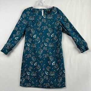 Banana Republic Sheath Dress Women's 0 Teal Floral Long Sleeve Ruffled Cuff